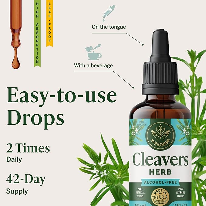 HERBAMAMA Cleavers Herb Tincture - Vegan Natural Detox & Cleanse Support with Cleavers Leaf Extract Drops - Non-GMO, Alcohol & Sugar-Free Liquid Herbal Supplement, 42-Day Supply