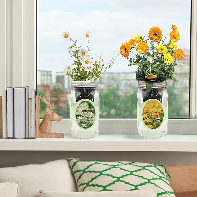 2-Pack Hydroponic Mason Jar Herb Garden Kit, Indoor Herb Garden Self-Watering Starter Kit, New Christmas Gift for Mom (Calendula,Chamomile)