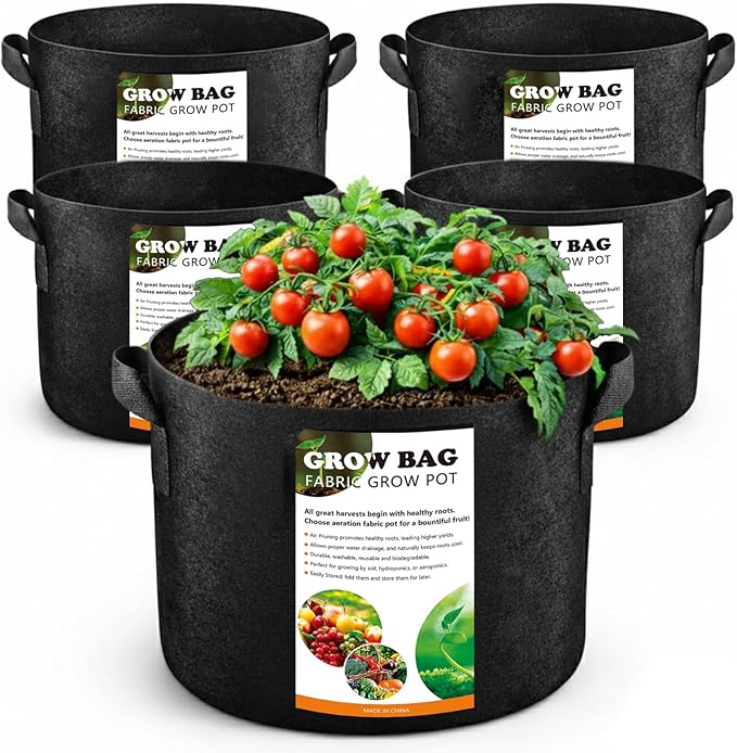 5 Pack 3 Gallon Fabric Grow Bags, Heavy Duty 300G Thickened Aeration Nonwoven Fabric Garden Pots with Handles, Planting Bag for Tomato, Potato, Strawberry, Vegetable, Fruits and Flowers