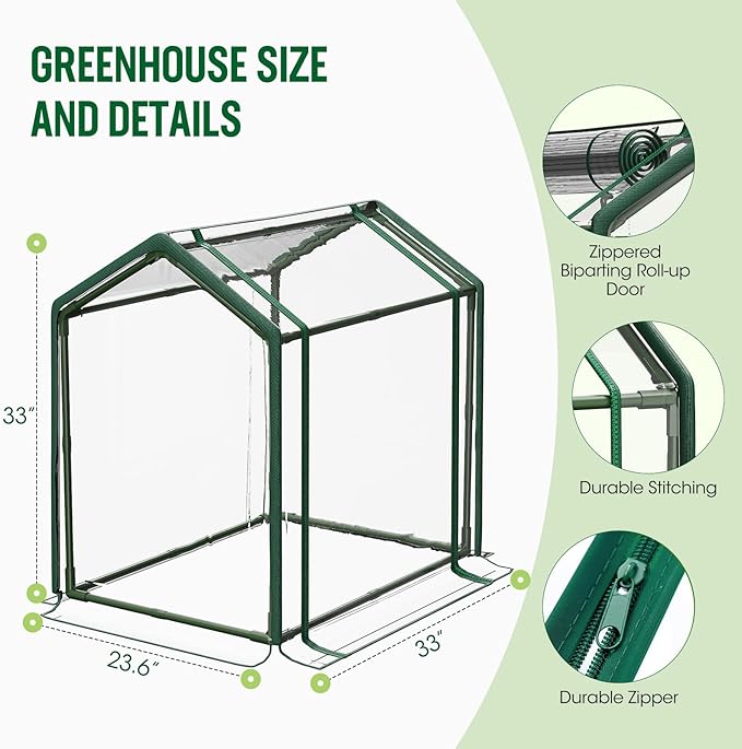 Mini Greenhouse with Zippered Doors & Roll-up Windows, Elevated Bottom Portable Plant Hot House with Durable PVC Cover, Water Resistant, UV Protected for Outdoor Flowers, Vegetables