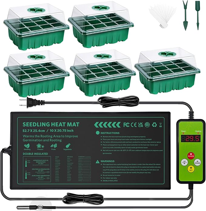 AUPETEK Seedling Heat Mat with Thermostat Controller and 5 Pack Seed Starter Tray Combo Set for Seed Germination Plant Propagation MET Standard