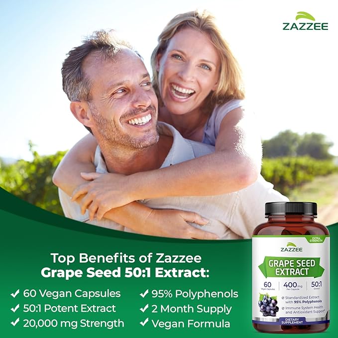 Zazzee High Strength Grape Seed 50:1 Extract, 60 Vegan Capsules, 95% Polyphenols, 400 mg per Capsule, 2 Month Supply, Standardized and Concentrated 50X Extract, Non-GMO, Made in The USA