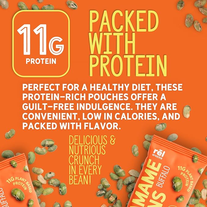 Rēl Snacks Buffalo Roasted Edamame – High Protein Low Carb Snack (11g Protein per Serving) – Keto-Friendly, Vegan, Non-GMO – 10-Pack 0.9oz Bags