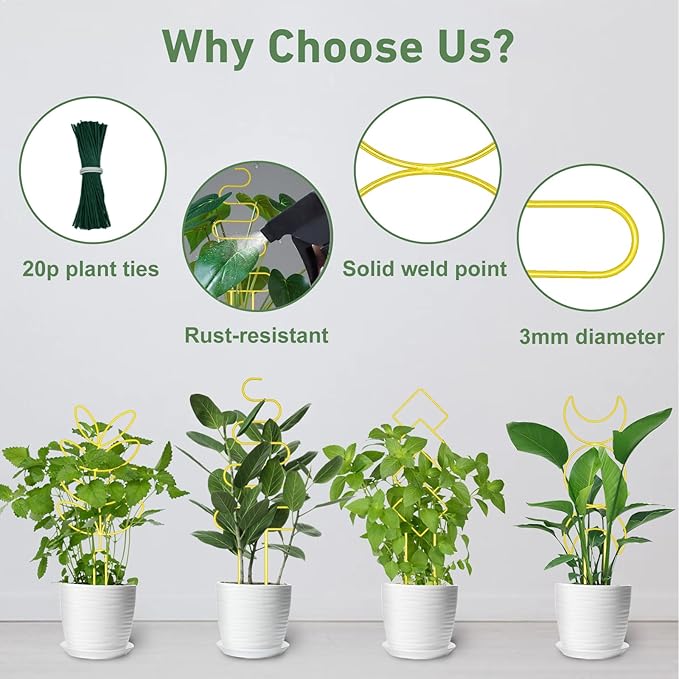 Larger 23inch Plant Trellis for Climbing Plants Indoor, Trellis for Potted Plants with Ties, Metal Climbing Plant Support for Houseplant Flower Pothos Trellis, 4 Different Panels, Pale Gold