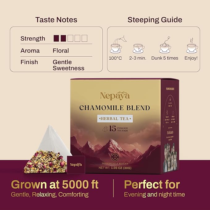 Nepaya Chamomile Herbal Tea – 15 Pyramid Tea Bags, Himalayan Chamomile Flowers & Lemongrass, Biodegradable, Naturally Caffeine-Free Bedtime Tea, Non-GMO, Gluten-Free