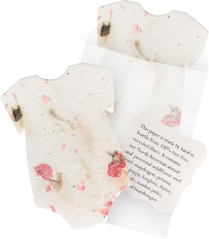 Set of 24 Pink Onesie Seed Paper – Writable & Plantable Wildflower with Envelopes & Planting Guides, Gift for Moms or Plant Lovers for Mother’s Day, Party Favors for Weddings & Showers
