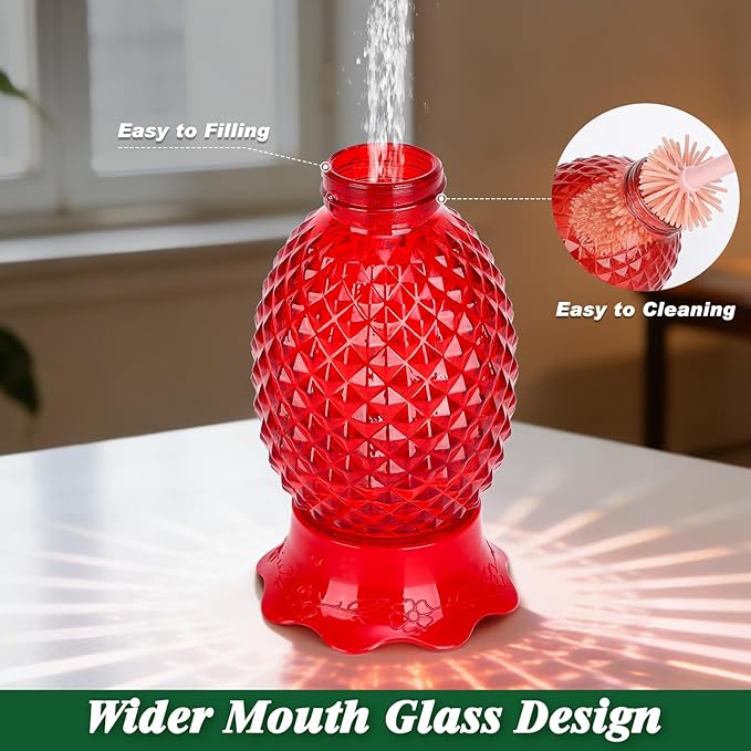 Fchstaer Glass Hummingbird Feeders for Outdoors Hanging Ant and Bee Proof 16OZ 1 Pack Red Pineapple Humming Bird Feeder with 6 Feeding Ports and Ant Moat Hummingbird Gifts for Women Garden Decor