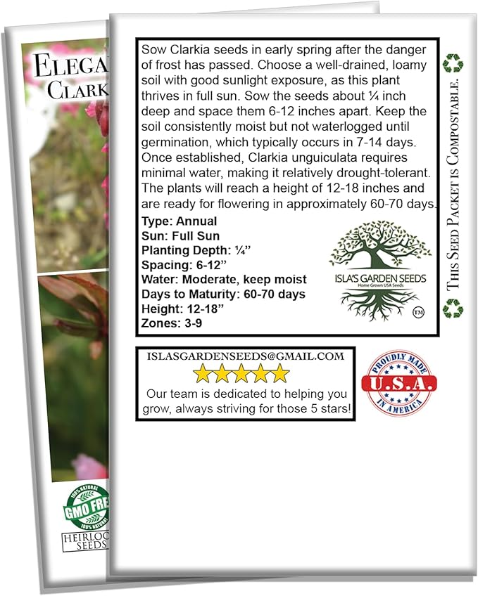 Clarkia Flower Seeds – Elegant Double Light Salmon (Clarkia Unguiculata) – 1000+ Non-GMO Heirloom Seeds, by Isla’s Garden Seeds, Perfect for Home Gardens, Easy to Grow, Beautiful Blooms, Great Gift