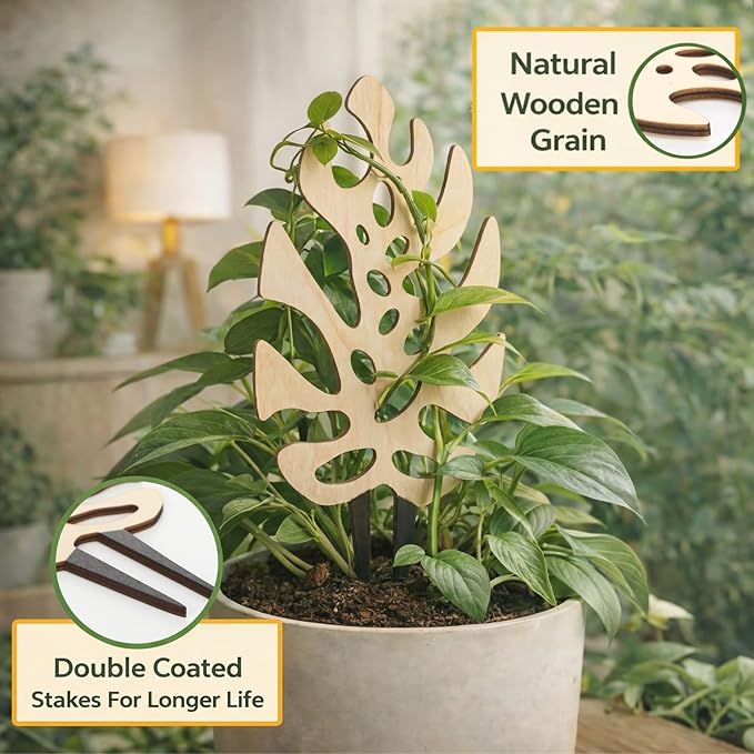 Junkin 3 Pcs 11.2 Inch Wooden Monstera Leaf Trellis, Indoor Climbing Plant Support for Potted Plants Pothos Ivy Hoya Vines, Small Garden Stake for Houseplants