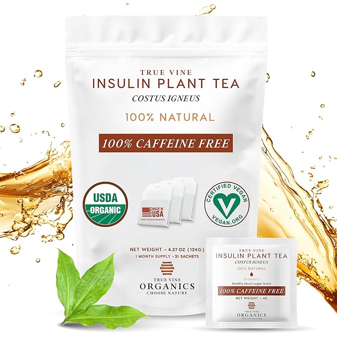 True Vine Insulin Plant Tea (USDA Organic) — Herbal Organic Tea Bags for Blood Sugar Support, Digestive Wellness & Metabolic Balance — 100% Natural, Caffeine-Free, No Additives – 31 Sachets (4g Each)