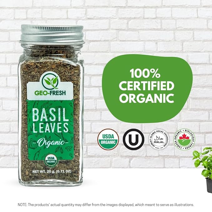 Geo-Fresh Organic Basil Leaves 0.71 oz (20g) – Dried Basil Seasoning for Cooking & Seasoning – Non-GMO, Kosher, USDA Certified Organic, Gluten-Free