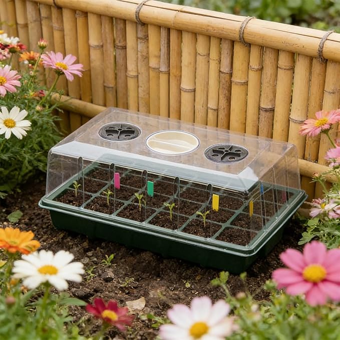 Seed Starter Trays with Humidity Domes, Reusable Plant Germination Kit for Microgreens, Herbs & Indoor Gardening, Clear Vented Lids, Fast Seedling Growth & Durable Design