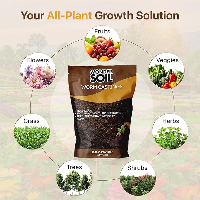 WONDER SOIL | Premium Organic Worm Castings for Plants | 3 lbs (2 Quarts) Bag Natural Soil Amendment for Indoor & Outdoor Plants, Vegetables, Flowers, Gardens | Fertilizer & Compost Enhancer | 3LBS