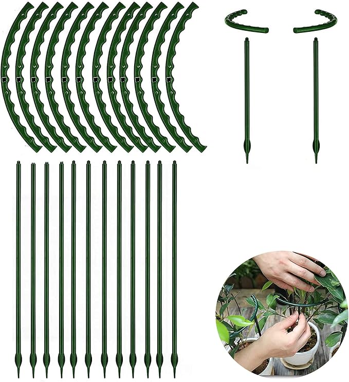 12 Pack Plant Support for Indoor and Outdoor Small Plants，Half Round for Potted Plants, Plastic Ring Flower Stakes with 20Pcs Plant Garden Clips