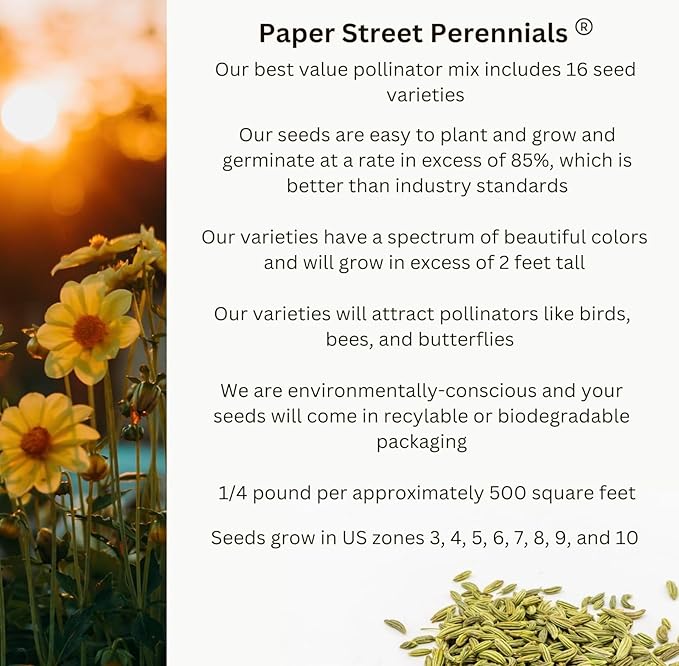 Bumblebee Pollination Wildflower Seed Mix - 1/8 Pound (2 Oz) Covers 250sq-ft - Attract Bumblebees, Year-Long Foraging - Plant in U.S. in Spring/Summer/Fall - Earth-Friendly (1/8 Pound (2 Ounce))