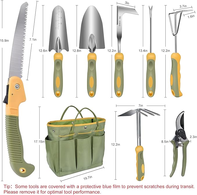 Garden Tool Set, WisaKey 9 Piece Stainless Steel Heavy Duty Gardening Hand Tools with Handle, Durable Garden Tool Bag, Gardening Gifts for Women and Men Valentine's Gift for Woman