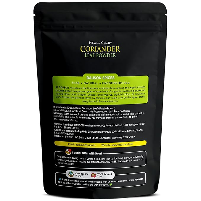 Coriander Leaf Powder – 100% Pure & Natural | 3.53 Oz Finely Ground Coriander Leaf | No Additives or Fillers | Aromatic, Earthy Flavor for Cooking | 25g Sample Available | Kitchen Essential for Global Cuisine