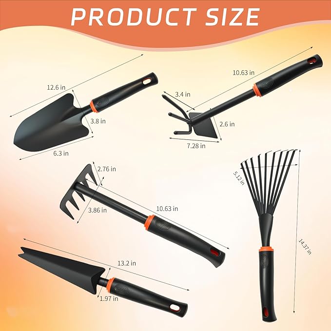 Garden Tool Set, Heavy Duty Gardening Tool Set with Ergonomic Handle, Rake Shovel Hand Hoe Double-Sided Cultivator Weed Puller Tool Set for Digging, Transplanting, Weeding (5Pcs Set)