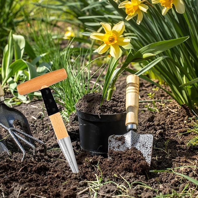 Hand Dibber Bulb Planter Tool Dibber Gardening Hand Tools with 5 Inch Measurements Stainless Steel Sow Dibbler with Non-Slip Handle Seed Planter Tool Seed Dispenser Hole Digger (Yellow)