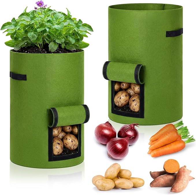 Yoojahow 2 Pack 30 Gallon Potato Grow Bags with Harvest Window, Durable Garden Planter Bags with Handles for Potatoes, Tomatoes, and Vegetables - Indoor & Outdoor Gardening Supplies (Green)