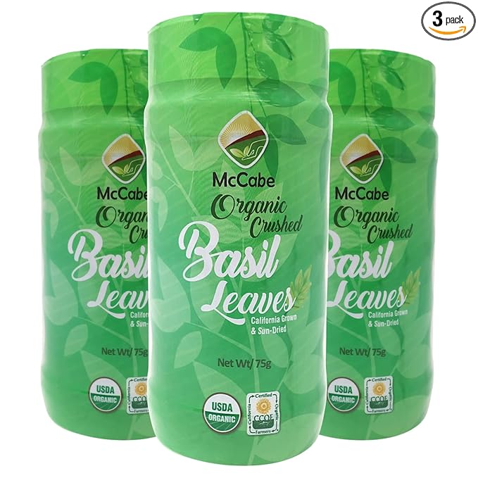 McCabe Organic Sun-Dried Crushed Basil Leaves, 75g (0.16 lbs) (3 Packs), USDA Certified Organic, CCOF Organic Certified (California Certified Organic Farmers), Product of USA