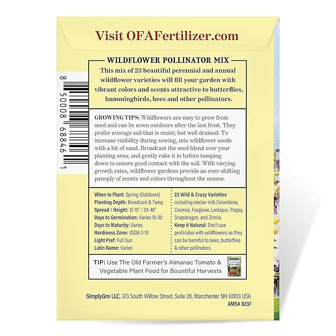 The Old Farmer's Almanac Premium Wildflower Seeds 23 Variety Pollinator Mix - Non-GMO, Open Pollinated - Columbine Cosmos Foxglove Larkspur Poppy Snapdragon Zinnia - Attracts Butterflies Bees Birds