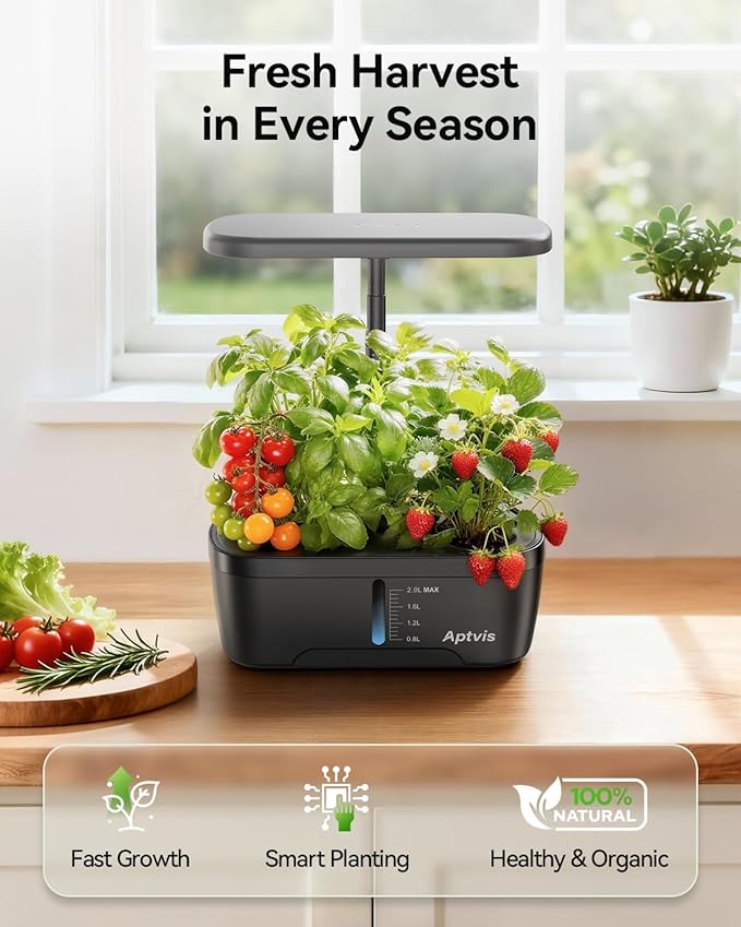 Hydroponics Growing System, 6 Pods Smart Indoor Herb Garden with LED Grow Light, Auto Timer, Height Adjustable, Quiet Pump, Gardening Gifts for Mom Women - Black