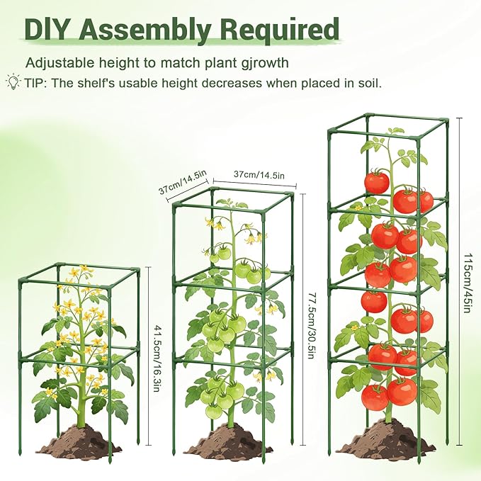3 Pack Tomato Cages with Grow Bags, 59 Inch Adjustable Square Plant Support Trellis, Steel Core Plastic Coated Tomato Plant Stakes for Garden Vegetables, Cucumbers, Peppers