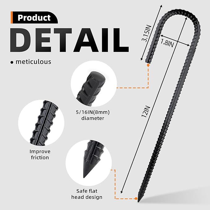 Garden Stakes Galvanized Steel, 12IN J Hook Ground Anchors Heavy Duty Rebar Stakes for Outdoor Decorations, Tent, Fencing and Landscape 8 Pack