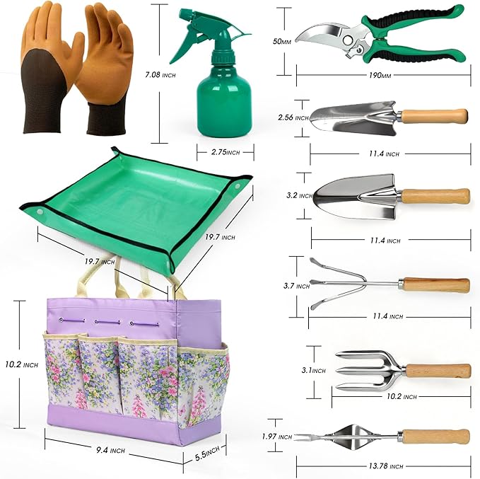 Garden Tool Set, 10 PCS Gardening Essentials, Stainless Steel Garden Hand Tools with Tote Bag, Well-Designed Gardening Supplies Kit Gifts for Women Men Gardeners