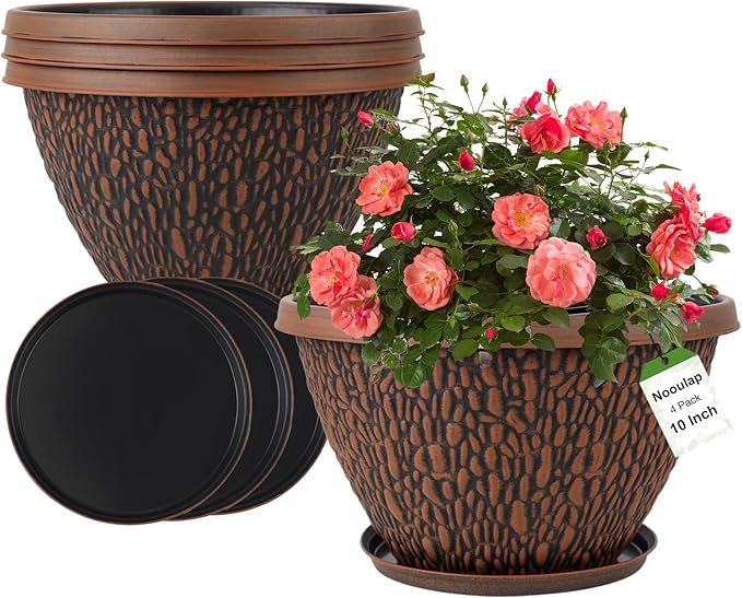 4 Pack Flower Pots Outdoor, 10 Inch Plant Pot with Drainage Hole & Tray, Thickened Plastic Planters for Indoor Outdoor Plants, Lightweight Brown Decorative Garden Pot with Saucer