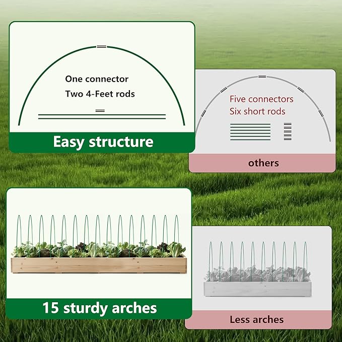 Garden Greenhouse Hoops Kit 15 Sets -2-Section Design, 8ft Grow Tunnels Poles Plant Raised Beds, 30 Pcs 4ft Solid Fiberglass Support Stakes 15 Metal Connectors -Quick Assembly No Loose Parts (Green)