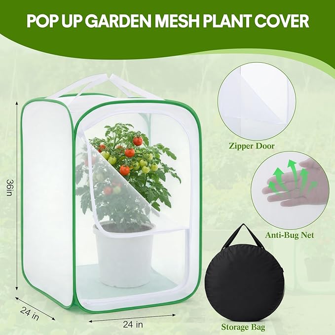 2 Pack Mesh Plant Covers 24 x 24 x 36 Inch Tomato Crop Netting Cage Garden Tents for Plant Protection from Insects Animals Outdoor Tall Crop Cage for Fruit, Vegetables, Flowers and Herbs