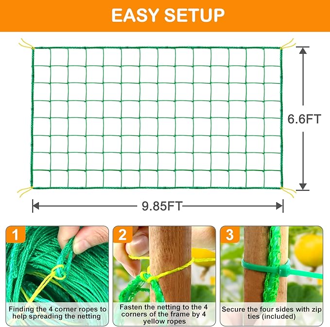 Trellis Netting, Garden Netting for Plants, 6.6x9.85 FT Garden Trellis Netting for Climbing Plants with 27 Strands Nylon Outdoor Indoor, Vegetable Grow Trellis Net for Tomato, Cucumber, Grape, Bean