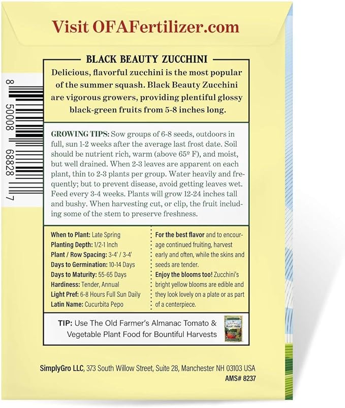 The Old Farmer's Almanac Heirloom Summer Squash Seeds (Black Beauty Zucchini) - Approx 50 Seeds - Non-GMO, Open Pollinated, USA Origin