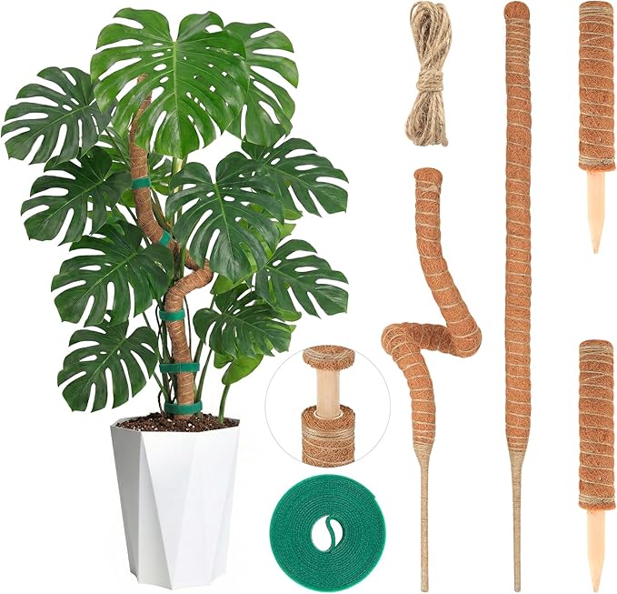 Moss Pole Monstera Plant Support, All Growth Stages – 4 Pack (28” Bendable Poles + 12'' Stackable Coir Poles, Thickened Aluminum Core Stakes, Tall Plant Sticks Support for Climbing Plants)