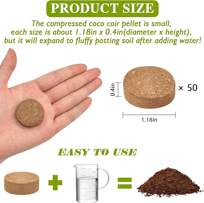 ZeeDix 50pcs 30mm Coco Coir Pellets Potting Soil, Organic Coconut Fiber Seed Starter Soil Pellets, Coconut Coir Soil Discs for Indoor Outdoor Plants, Herbs Houseplants Flowers Succulents Vegetables