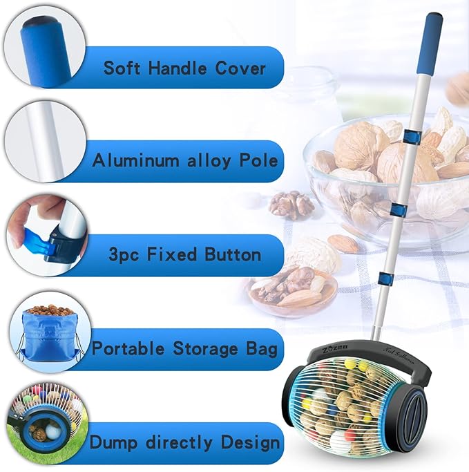 Zozen Nut Gatherer, Acorn Picker Upper, Pecan Picker Upper - Side Opening Dump, Apply to Acorns, Pecans, Buckeyes, Hickory Nuts, Nerf Balls, Golf Balls, Objects Size 3/8'' to 1''; 1 Gallon