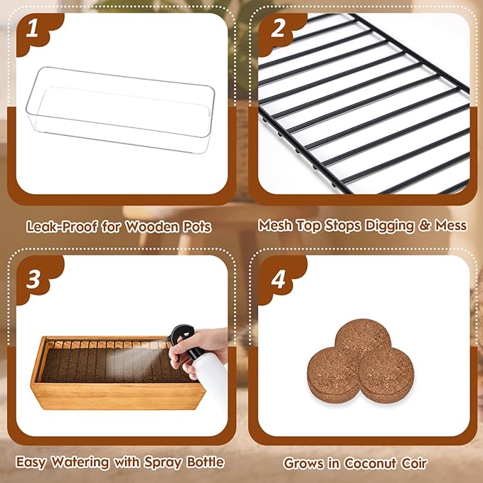 MEESS RCLH Wooden Cat Grass Planter,Cat Grass Kit for Indoor Cats with Anti-Digging Grid, Potting Soil Disks,Watering Bottle and Removable Plastic Liner,Wheat Grass Growing Pot