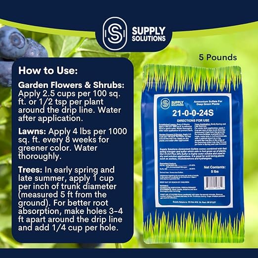 Supply Solutions Ammonium Sulfate Fertilizer 21-0-0 +24% Sulfur for Deep Green Plants - Soil Acidifier for Flowers, Trees, Lawn, Acid Loving - Sulfur for Plants Hydrangea Fertilizer (5 Pounds)