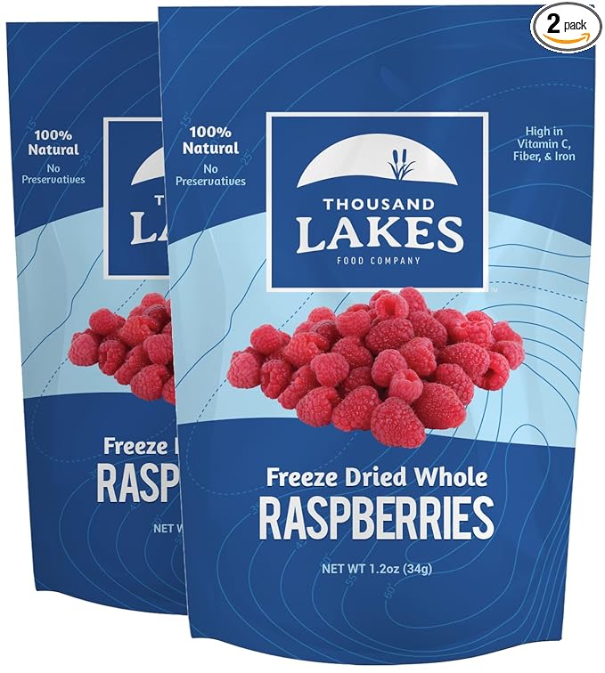 Thousand Lakes Freeze Dried Fruit - Raspberries 2-pack 1.2 ounces (2.4 ounces total) | No Sugar Added | 100% Whole Raspberries