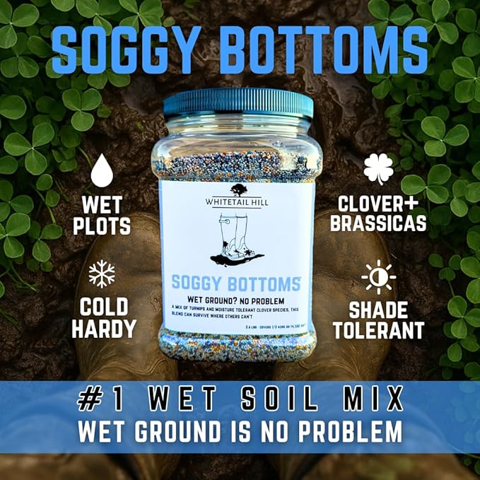 Soggy Bottoms Food Plot Seed Mix, 1/3 Acre or 3 Acres, A Mix of Turnips and Moisture Tolerant Clover, Survives Where Others Can’t