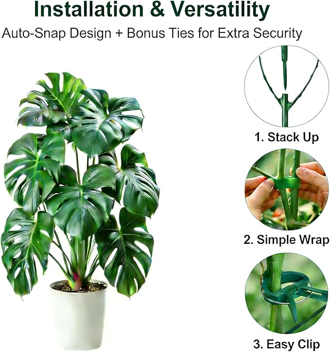 Tree Branch Plant Support Stakes – Stackable Plant Support Sticks with Clips & Velcro Tie – Natural Aesthetic Extendable Trellis for Indoor Plants, Monstera, Pot (Green-6 Pack)