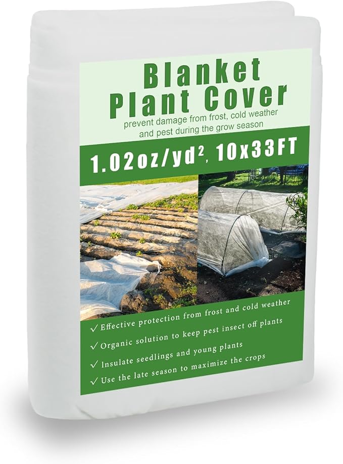 Plant Covers Freeze Protection, 10x33ft Reusable Frost Blanket, Non-Woven Winter Plant Cover for Outdoor Plants, Vegetables,Flowers, 1 oz/yd² Frost Cloth for Cold Weather Snow