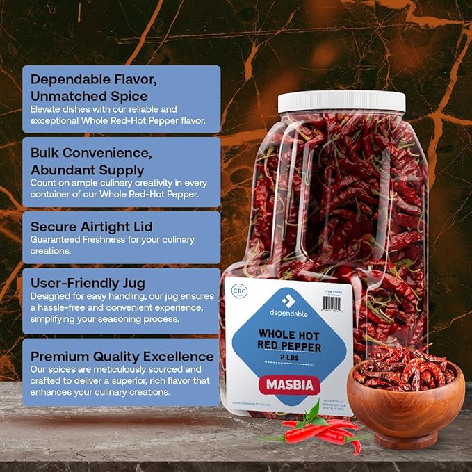 Dependable Foods Whole Red Hot Pepper– 2 Lb. Bulk Jar –- 100% Natural Intense Heat, Non-GMO, No Additives, Salt-Free Seasoning | Kosher, Allergen-Free
