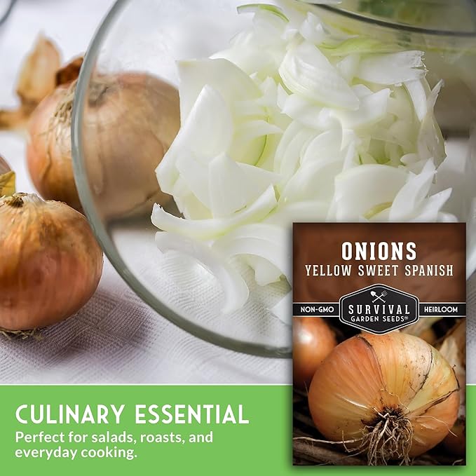 Yellow Sweet Spanish Onion Seeds for Planting – Large Mild Long Day Yellow Onions with High Yield & Sweet Flavor – Heirloom, Non-GMO, Open-Pollinated – Survival Garden Seeds (5 Packs)
