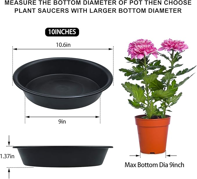 TITE 3 Pack Plant Saucer Heavy Duty Sturdy Drip Trays for Indoor and Outdoor (10 Inch, Black)