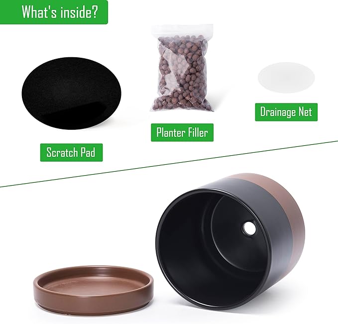 D'vine Dev 6.5 Inch Ceramic Planter Pot with Drainage Hole and Saucer, Indoor Cylinder Round Planter Pot, Black/Speckled Tan, 94-O-C-7