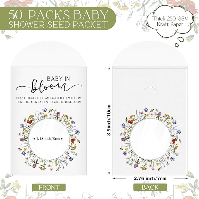 Fumete 50 Pack Baby in Bloom Seed Packets Baby Shower Party Favor for Guest Envelopes Kraft with Clear Window Resealable Seed Organizer Storage Bag for Gender Reveal Party, No Seeds(Colored Flowers)