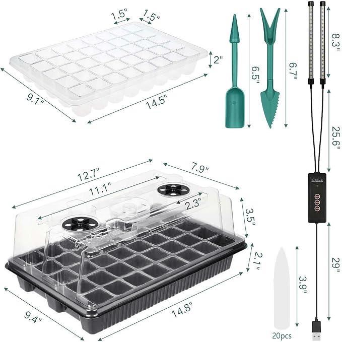 Seed Starter Tray with Grow Light, 2 Packs 80 Cells Seed Starting Kit, Reusable Seedling Starter Trays with Humidity Dome, Plant Germination Trays for Indoor Seed Starter Kit, Black